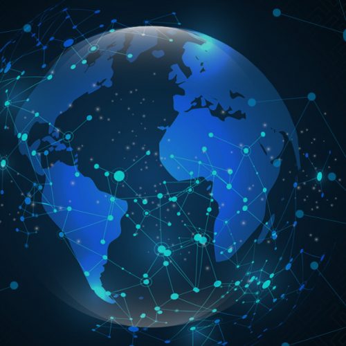 Globe with abstract lines projecting from it