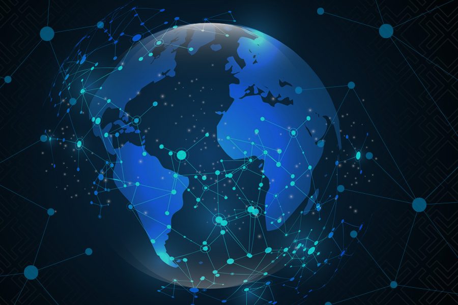 Globe with abstract lines projecting from it