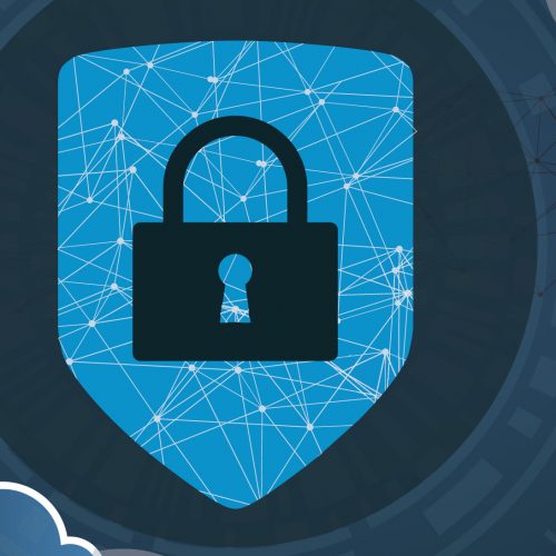 Blue background with clouds and shield with lock