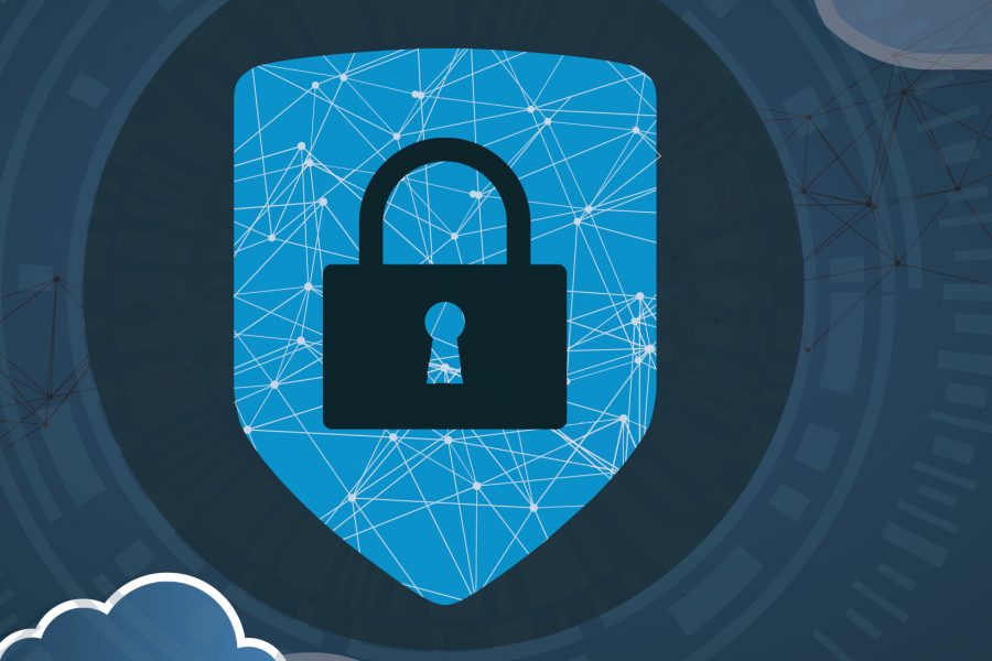 Blue background with clouds and shield with lock