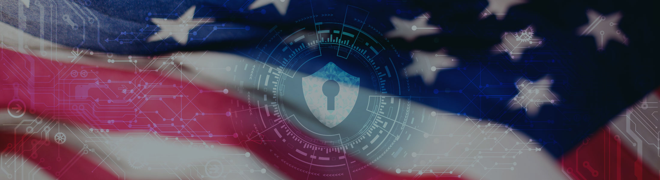 Abstract glowing shield with code going through and around an American Flag