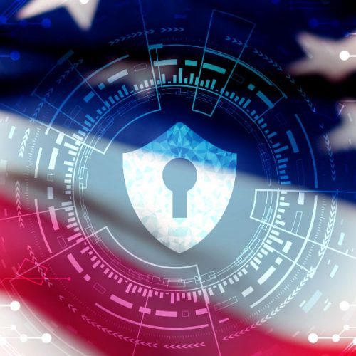 Abstract glowing shield with code going through and around an American Flag