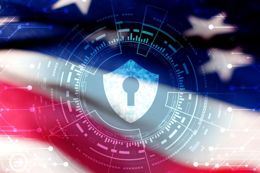 Abstract glowing shield with code going through and around an American Flag